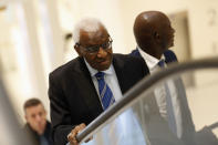 Former president of the IAAF (International Association of Athletics Federations) Lamine Diack at the Paris courthouse, Monday, Jan. 13, 2020. One of the biggest sports corruption cases to reach court is being heard in Paris from Monday, with explosive allegations of a massive doping cover-up at the top of track and field. (AP Photo/Thibault Camus)