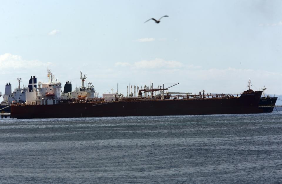 The Iranian oil tanker Forest is anchored off the dock of El Palito refinery near Puerto Cabello, Venezuela, Tuesday, Sept 29, 2020. Forest, the first of three Iranian ships to arrive in Venezuela, is part of the second shipment of fuel from Tehran. (AP Photo/Juan Carlos Hernandez)