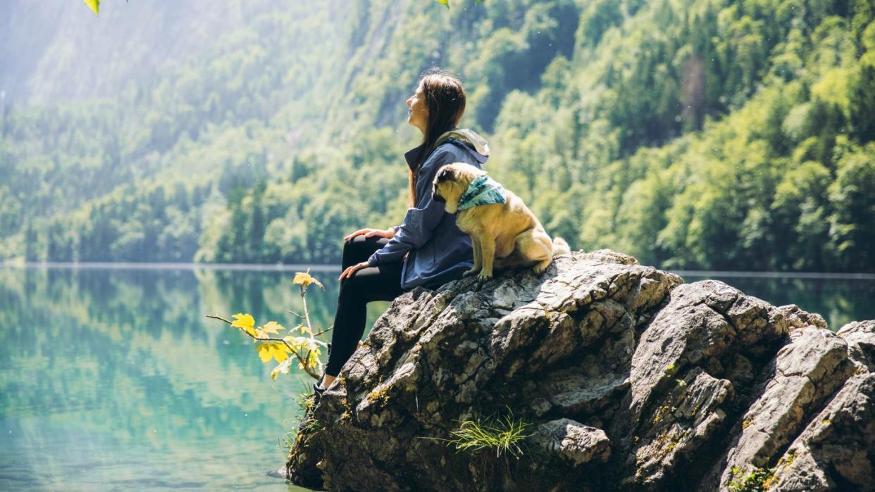  Woman sat with her dog on a rock overlooking a lake 