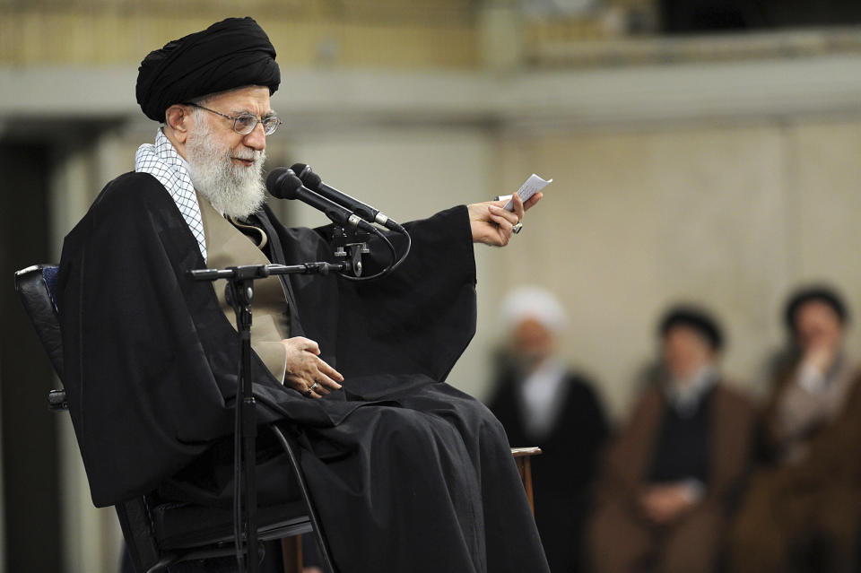 In this photo released by an official website of the office of the Iranian supreme leader, Supreme Leader Ayatollah Ali Khamenei speaks at a meeting in Tehran, Iran, Wednesday, Jan. 9, 2019. Khamenei called U.S. officials "first-class idiots," mocking American leaders as U.S. Secretary of State Mike Pompeo tours the Mideast. (Office of the Iranian Supreme Leader via AP)