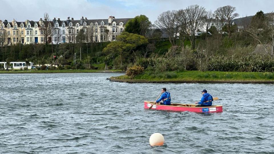 Martin Malone and a fellow Expedition Limitless team member in the canoe on the Mooragh Park boating lake