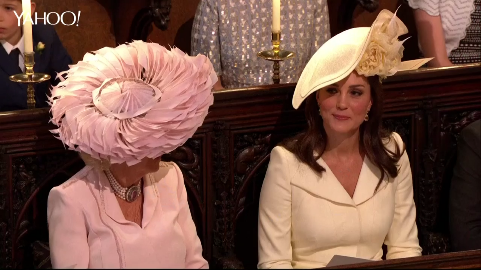 Kate and Camilla were trying to fight a fit of the giggles at the royal wedding. Photo: Yahoo!