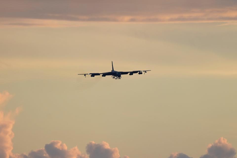 A U.S. Air Force B-52H Stratofortress assigned to the 20th Expeditionary Bomb Squadron at Barksdale Air Force Base, Louisiana, arrives on the flightline August 4, 2023, as part of a Bomber Task Force mission at Andersen Air Force Base, Guam.