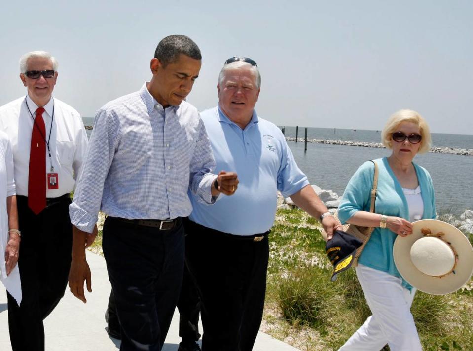 President Barack Obama, along with Mayor George Schloegel (left) and Governor Haley Barbour, met with Coast business leaders in Gulfport in 2010 to find out how they have been affected by the BP oil spill.