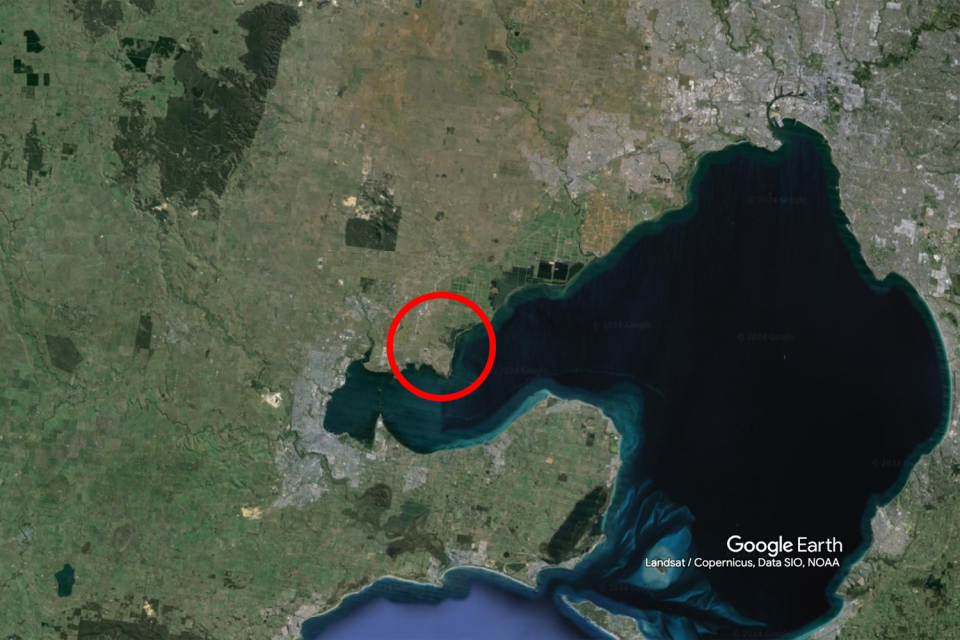 A map of Port Phillip Bay with a red circle around where Point Wilson is.