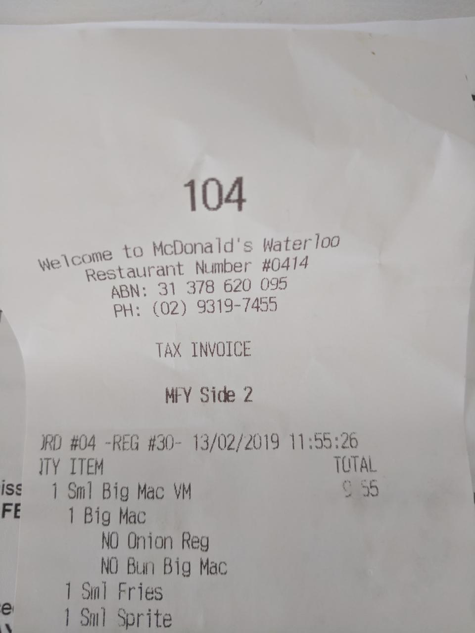 When looking at the receipt, Ms Ryan noticed ‘no bun Big Mac’ was listed. Source: Emily Ryan