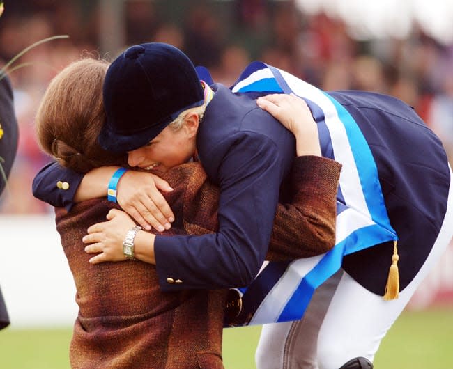 Princess Anne hugging Zara Tindall.