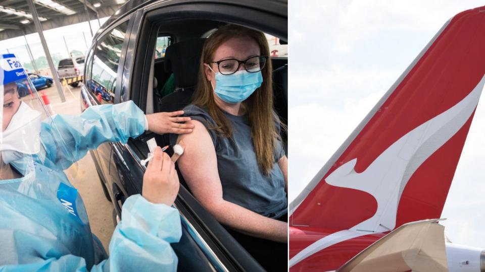 Woman receives COVID-19 vaccine while in drive-through centre, Qantas airplane tail wing. 