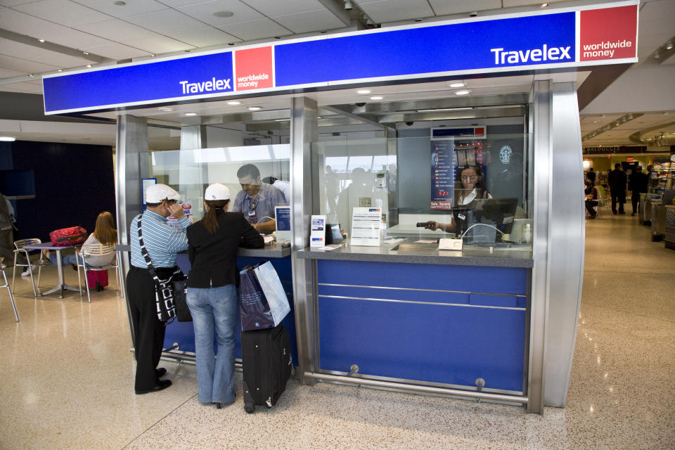 Travelex currency exchange shop at JFK International Airport Terminal 7. (Photo by James Leynse/Corbis via Getty Images)