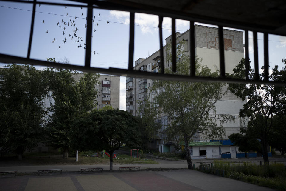 Birds are flying over a flat in Kupiansk, Ukraine, Wednesday, Aug. 23, 2023. Some residents have refused evacuation pleas, despite intensified offensive operations by Russian forces in recent weeks. (AP Photo/Bram Janssen)