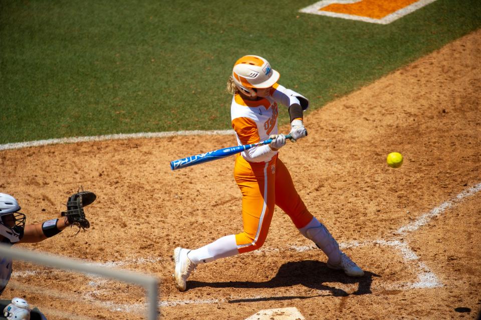 Tennessee infielder Ivy Davis swings during the Lady Vols vs ECU softball game at Sherri Parker Lee Stadium, Knoxville, Tenn. on Sunday, April 24, 2022.