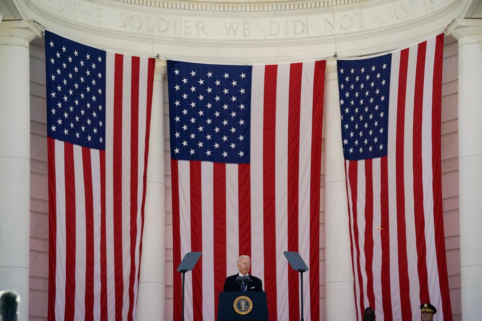 May 31, 2021:  President Joe Biden speaks during the National Memorial Day Observance at the Memorial Amphitheater in Arlington National Cemetery in Arlington, Va.