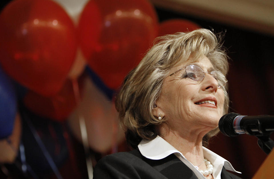 FILE — In this Oct. 13, 2010, file photo then U.S. Sen. Barbara Boxer, D-Calif., addresses a crowd of supporters during a campaign stop in Lincoln, Calif. Boxer was assaulted and robbed Monday July 26, 2021, in the Jack London neighborhood of Oakland, Calif. A statement on Boxer's verified Twitter account says the assailant pushed her in the back, stole her cell phone and jumped into a waiting car. The 80-year-old Boxer was not seriously injured. (AP Photo/Rich Pedroncelli, File)