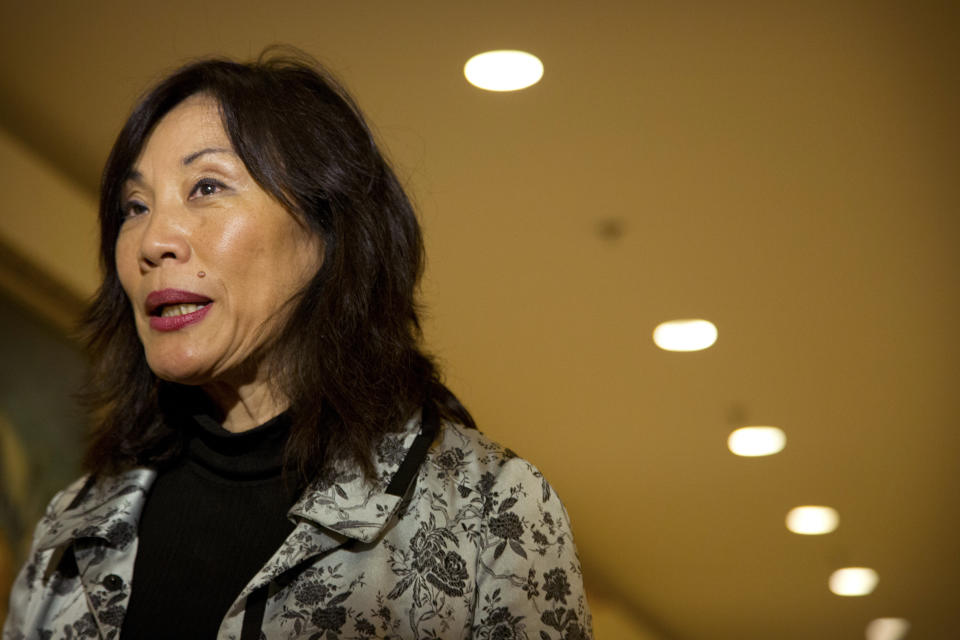 FILE - Film producer Janet Yang, head of Janet Yang Productions, speaks following a contract signing event held as part of the Beijing International Film Festival in Beijing, Monday, April 20, 2015. Yang was elected the 36th president of the Academy of Motion Picture Arts and Sciences, the group’s board of governors announced Tuesday, Aug. 2, 2022. Yang, the 66-year-old producer of “The Joy Luck Club” and “The People vs. Larry Flynt,” becomes the first Asian-American and fourth woman to lead the organization behind the Oscars. (AP Photo/Mark Schiefelbein, File)