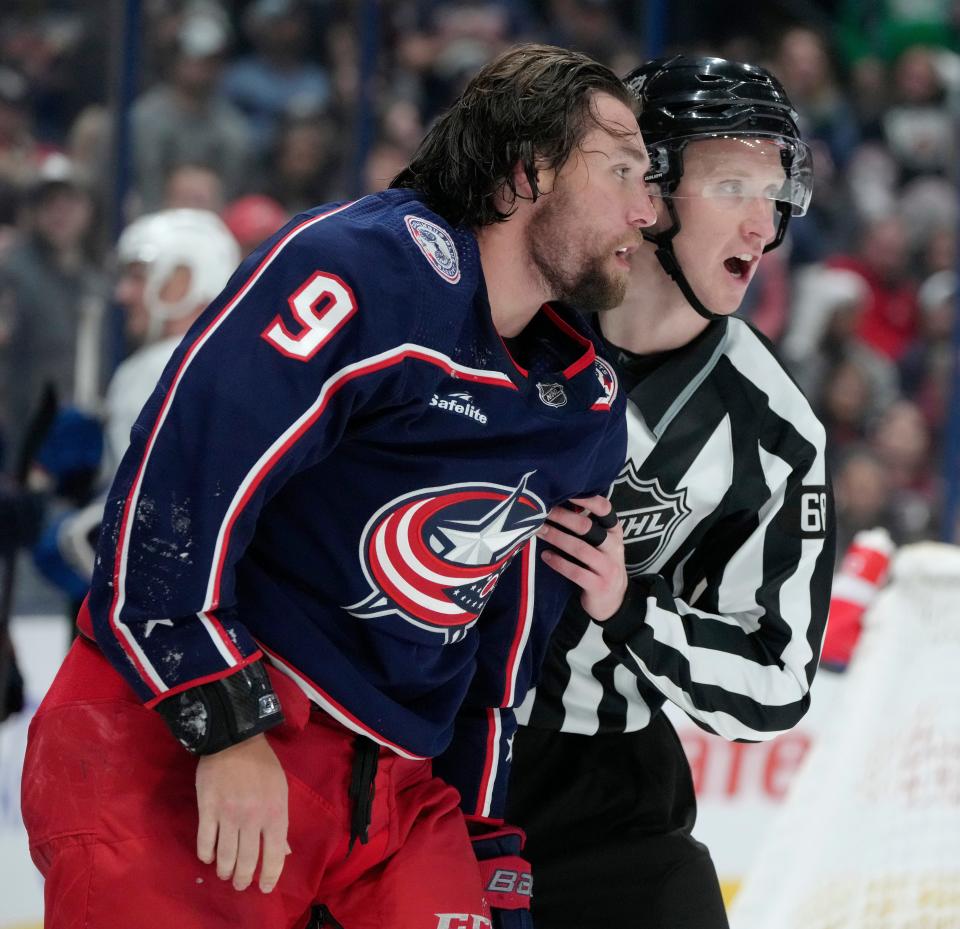 Columbus Blue Jackets defenseman Ivan Provorov (9), shown leaving the ice after a scuffle Saturday with Tampa Bay Lightning center Michael Eyssimont (23), was injured blocking a shot Tuesday in Ottawa. He could miss extended time if postgame medical tests reveal a long-term injury.
(Credit: Barbara J. Perenic/Columbus Dispatch)