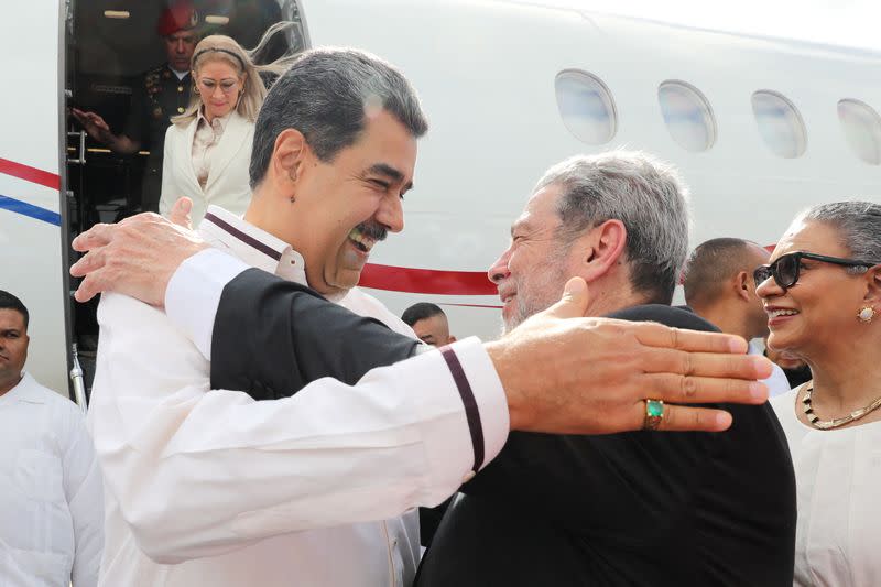 Venezuela's President Nicolas Maduro arrives for a meeting with his Guyanese counterpart Irfaan Ali, in Kingstown