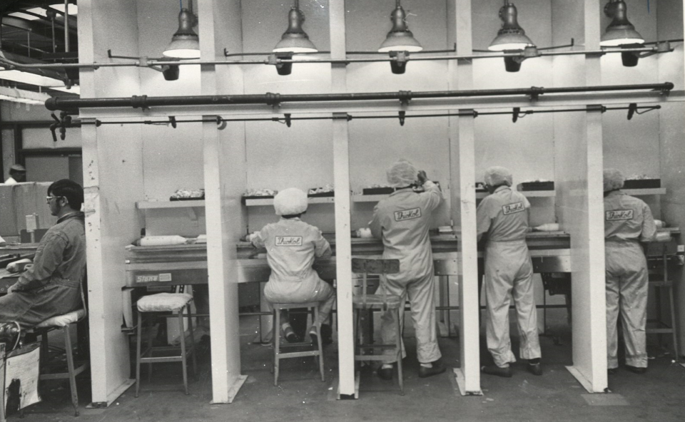 Thiokol workers on the assembly line at the Woodbine-based chemical plant a year after an explosion destroyed part of the plant and killed 30 people.