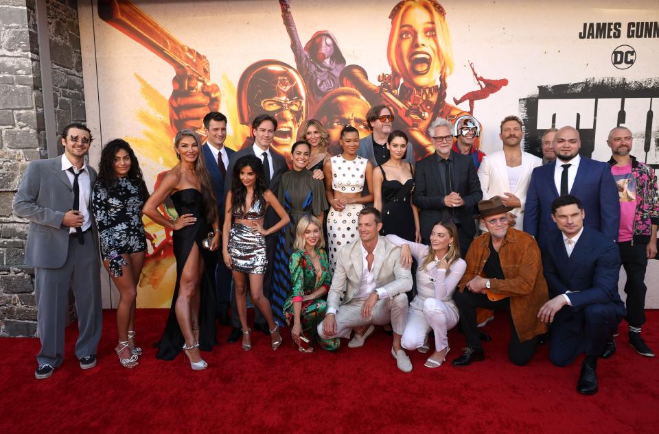 LOS ANGELES, CALIFORNIA - AUGUST 02: Cast and crew including Nathan Fillion, Storm Reid, Margot Robbie, John Cena, James Gunn, Michael Rooker, Jai Courtney, and Daniela Melchior attends the Warner Bros. premiere of 