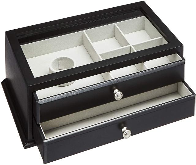 AmazonBasics Wooden Jewelry/Watch Box with Glass Top — 2-Drawer,Black