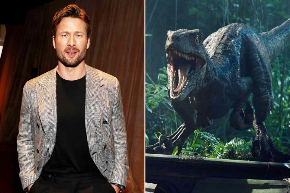 <p>Kevin Mazur/Getty Images for MPTF; Universal Pictures/Kobal/Shutterstock</p> Glen Powell in Los Angeles on March 9, 2024; <em>Jurassic World: Fallen Kingdom</em> (2018)