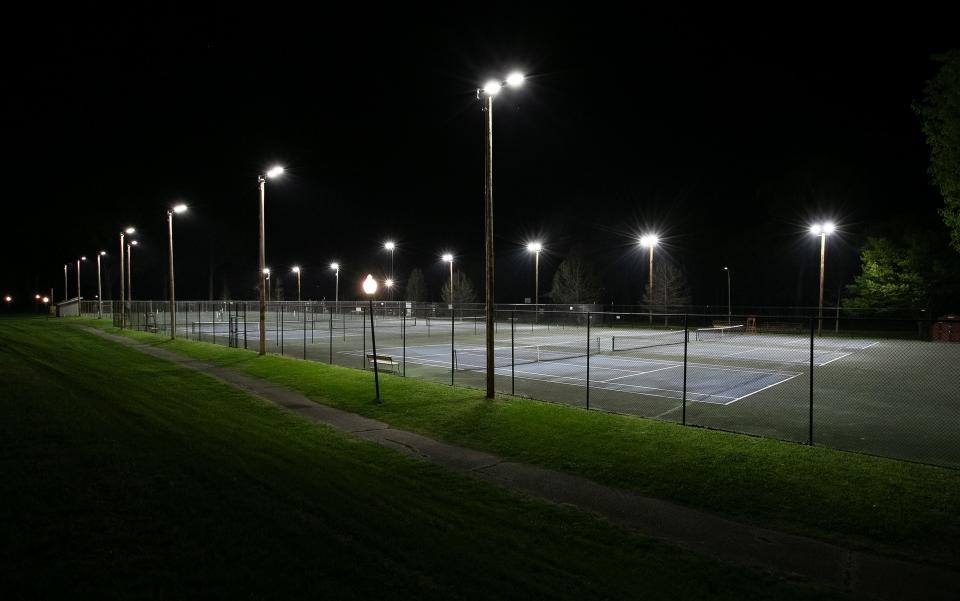 The tennis courts in Chickasaw Park have an improved lighting system in Louisville Ky. on April 1, 2024.