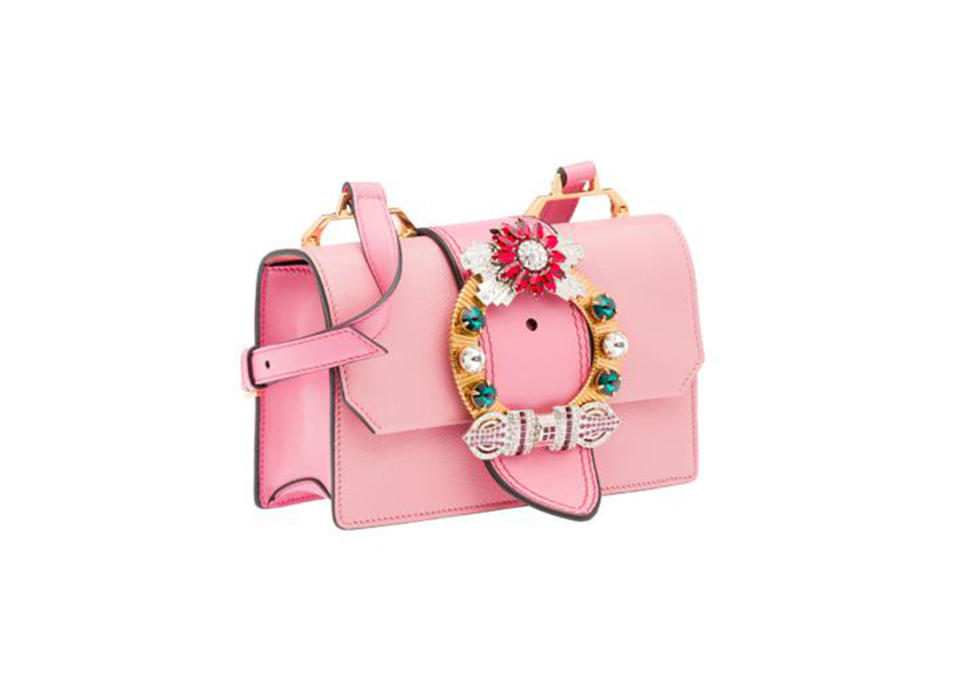 <p>Miu Miu Shoulder bag, $2100, <a rel="nofollow noopener" href="http://www.miumiu.com/en/US/e-store/dep/handbags/cat/shoulder-bags/product/5BH609_2EJA_F0028_V_DJM#department_view=true&ref=1489515592924" target="_blank" data-ylk="slk:MiuMiu.com;elm:context_link;itc:0;sec:content-canvas" class="link ">MiuMiu.com</a> </p>