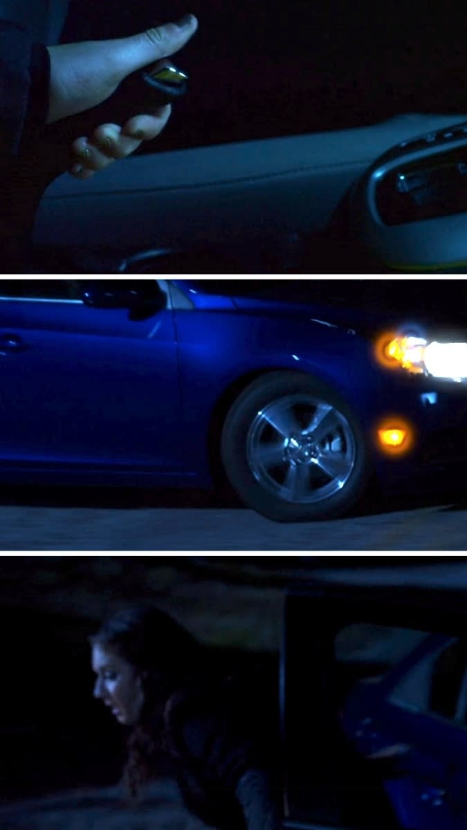 A sequence of images showing a person's hand with a car key fob, a blue car with headlights on, and someone getting out of a car at night