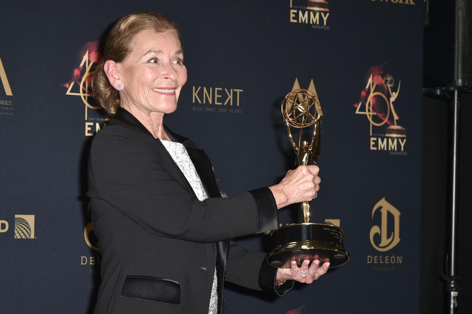 Judge Judy Sheindlin at the Daytime Emmy Awards in Los Angeles on May 5. Sheindlin's clip-in ponytail <a href="https://www.huffpost.com/entry/judge-judy-ponytail_l_5d0d19ffe4b0a394186210a8" target="_blank" rel="noopener noreferrer">caused quite a stir</a> when it premiered this year.&nbsp;