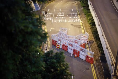 A barricade is seen at an area blocked by protesters near the government headquarters office in Hong Kong October 9, 2014. REUTERS/Carlos Barria