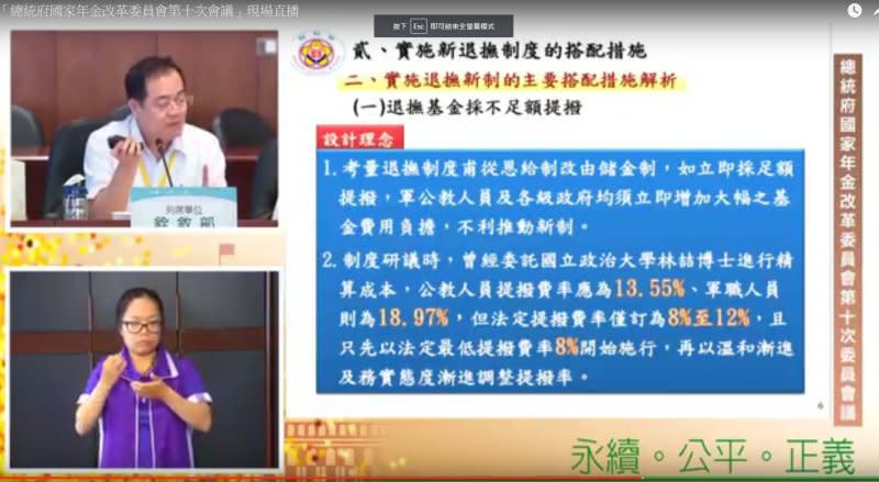 敘部退撫司司長呂明泰表示，年資橫跨新舊制的人員，成為軍公教族群最「肥」的一群。（取自年金改革委員會直播畫面）