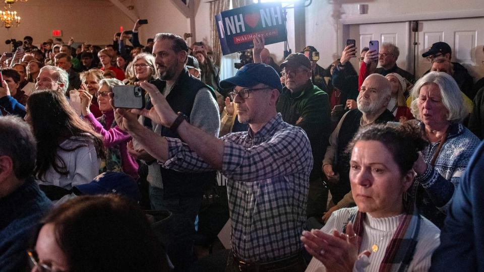 PHOTO: Supporters welcome Republican presidential hopeful and former UN Ambassador Nikki Haley to a campaign event in Keene New Hampshire, on Jan. 20, 2024.  (Joseph Prezioso/AFP via Getty Images)