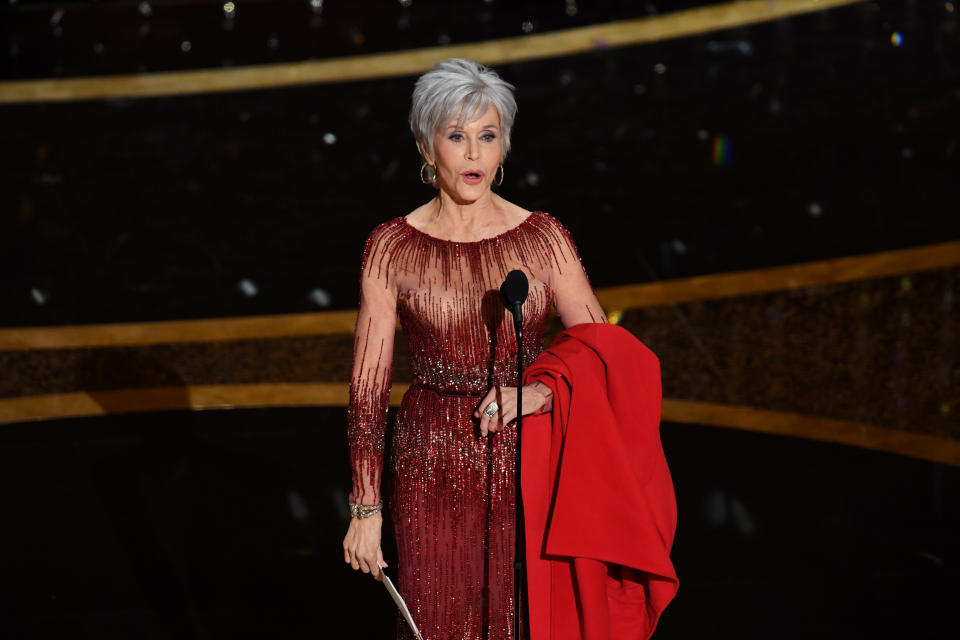 HOLLYWOOD, CALIFORNIA - FEBRUARY 09: Jane Fonda speaks onstage during the 92nd Annual Academy Awards at Dolby Theatre on February 09, 2020 in Hollywood, California. (Photo by Kevin Winter/Getty Images)