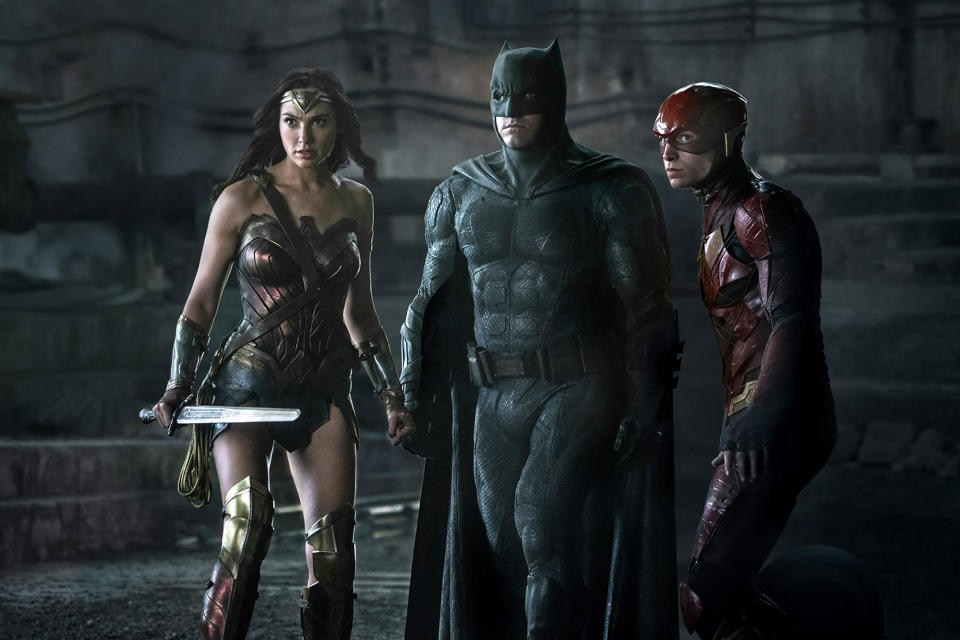 Ben Affleck’s Batman with Gal Gadot’s Wonder Woman and Ezra Miller’s The Flash in ‘Justice League’ (credit: Warner Bros)