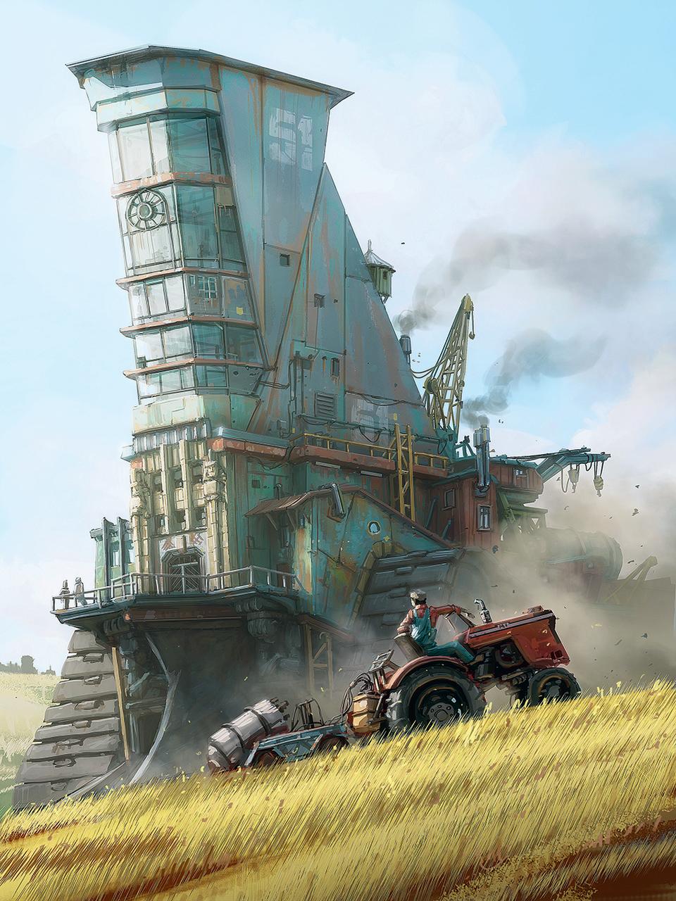 Artist insight, The Gnomon Workshop; a tractor drives past a sci-fi tower