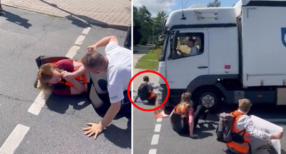 The truckie proceeded to drive into the protesters before slamming on the brakes. Source: Philipp Schulz/ Ostsee Zeitung