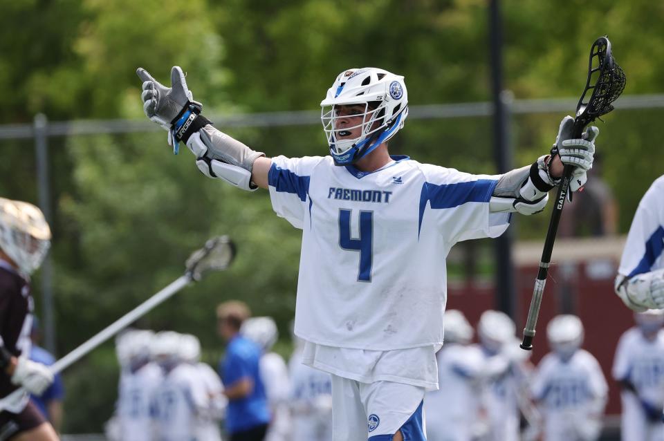 Fremont’s Boston Rhees (4) celebrates a goal against Davis in the 6A boys lacrosse state semifinal in Salt Lake City on Wednesday, May 24, 2023. Fremont won in the second overtime. | Jeffrey D. Allred, Deseret News