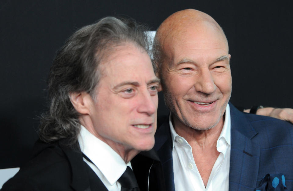 LOS ANGELES, CA - AUGUST 10:  Actors Richard Lewis and Patrick Stewart arrives for the Premiere Of STARZ 