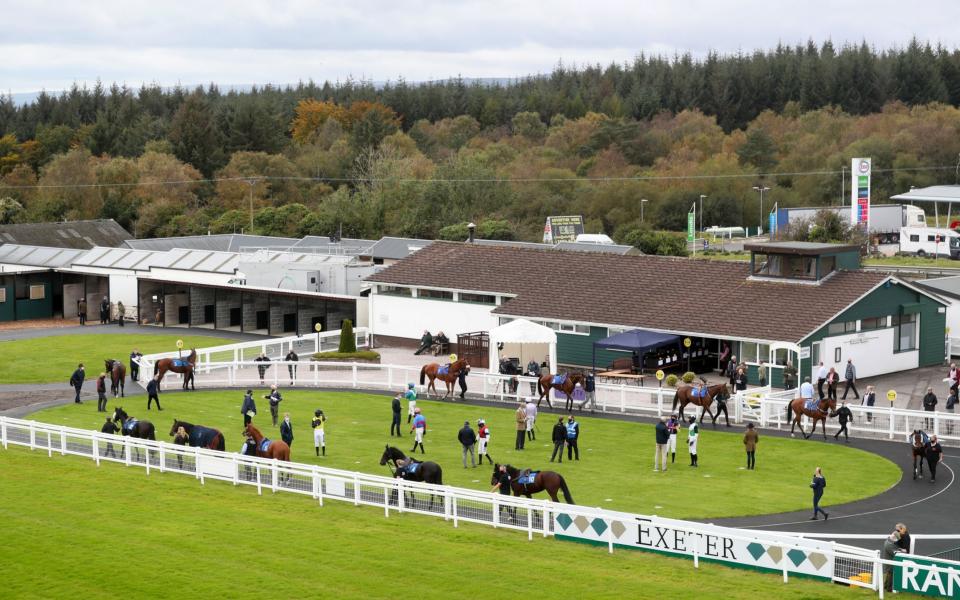 Horses and jockeys in the parade ring at Exeter Racecourse on October 8, 2020 in Exeter -Despite limited handicap, fit and lightweight Pink Eyed Pedro could clinch victory in Haldon Gold Cup - GETTY IMAGES