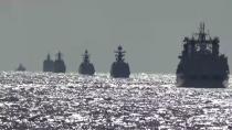 Russian and Chinese naval vessels conduct a maritime patrol in the Pacific Ocean