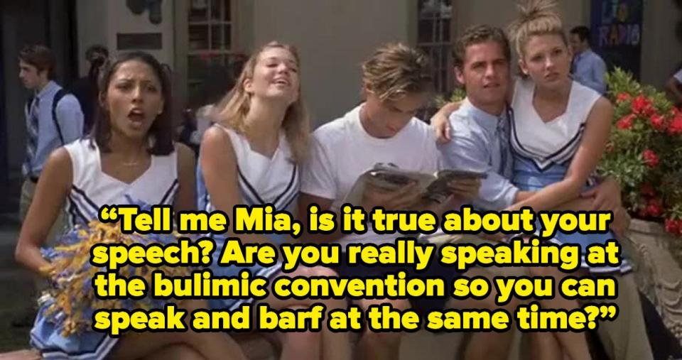 group of cheerleaders asking mia if she's speaking at the bulimic convention