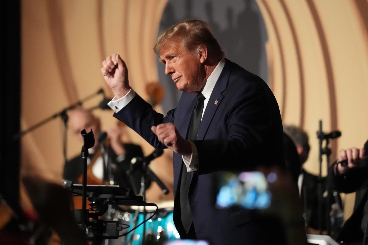 An ebullient Donald Trump did a quick dance to the Village People's "YMCA" at the Trumpettes Gala at Mar-a-Lago on Saturday evening.