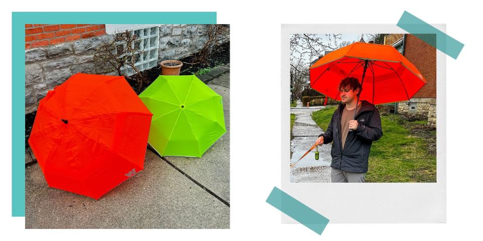 two models of weatherman travel umbrellas laying next to each other on the sidewalk