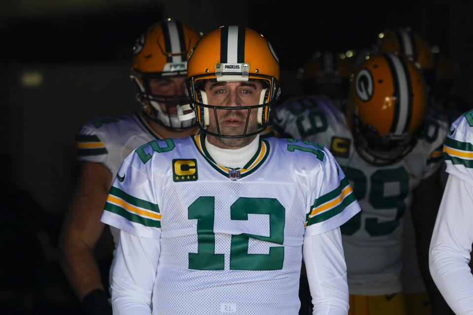 Green Bay Packers' Aaron Rodgers takes the field before an NFL football game against the Chicago Bears Sunday, Dec. 4, 2022, in Chicago. (AP Photo/Charles Rex Arbogast)