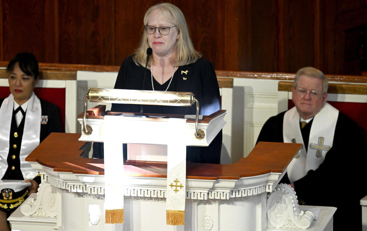 Amy Carter speaks during a tribute service for former US First Lady Rosalynn Carter (Andrew Caballero-Reynolds / AFP via Getty Images)