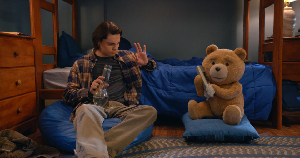 TED — “My Two Dads” Episode 102 — Pictured: (l-r) Max Burkholder as John, Seth MacFarlane as voice of Ted (Photo by: PEACOCK)