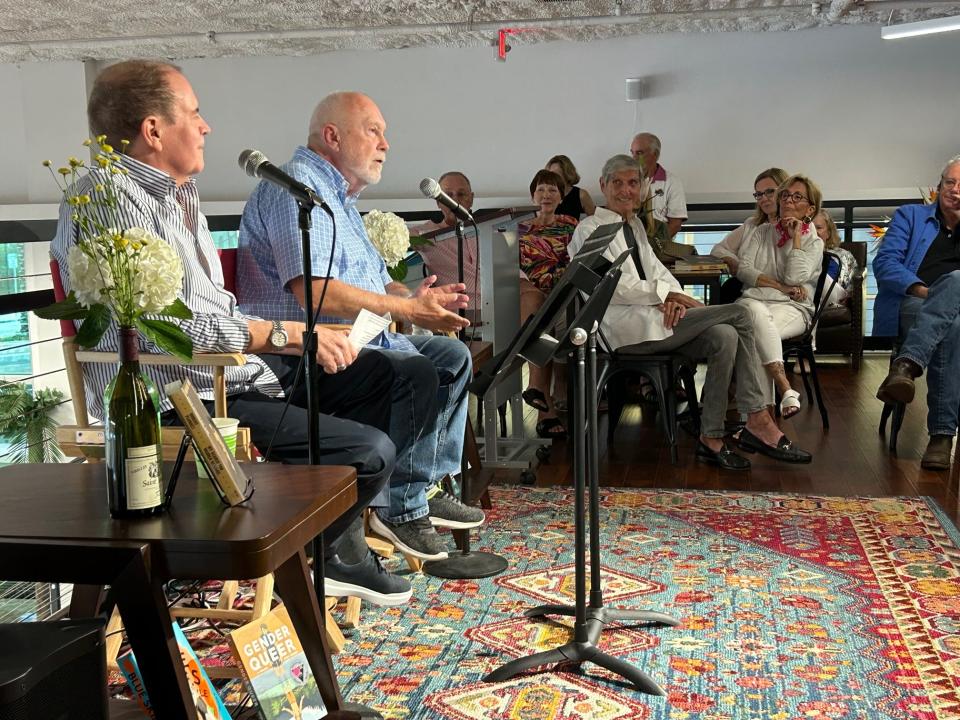 Author Robert Plunket, second from left, talks about his book “My Search for Warren Harding” with Sarasota Magazine founder Dan Denton in front of a crowd July 17 at Bookstore1Sarasota.