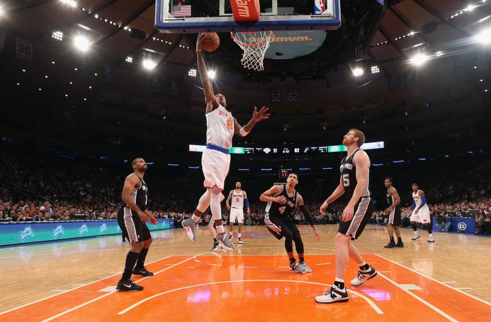 NEW YORK, NY - JANUARY 03: J.R. Smith #8 of the New York Knicks scores a second half basket against the San Antonio Spurs at Madison Square Garden on January 3, 2013 in New York City. NOTE TO USER: User expressly acknowledges and agrees that, by downloading and/or using this photograph, user is consenting to the terms and conditions of the Getty Images License Agreement. The Knicks defeated the Spurs 100-83. (Photo by Bruce Bennett/Getty Images)