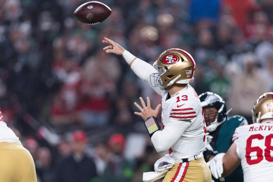 Dec 3, 2023; Philadelphia, Pennsylvania, USA; San Francisco 49ers quarterback Brock Purdy (13) passes the ball against the Philadelphia Eagles during the first quarter at Lincoln Financial Field. Mandatory Credit: Bill Streicher-USA TODAY Sports