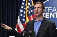 FILE - Kentucky Gov. Andy Beshear speaks during the opening day of the Kentucky State Legislature special session in Frankfort, Ky., Sept. 7, 2021. (AP Photo/Timothy D. Easley, File)