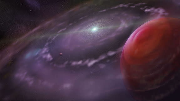 This artist's rendering of the planetary system of HR 8799 130 light-years from Earth as it may have appeared at an early stage in its evolution. The image shows the giant exoplanet HR 8799c, as well as a disk of gas and dust, and interior plan